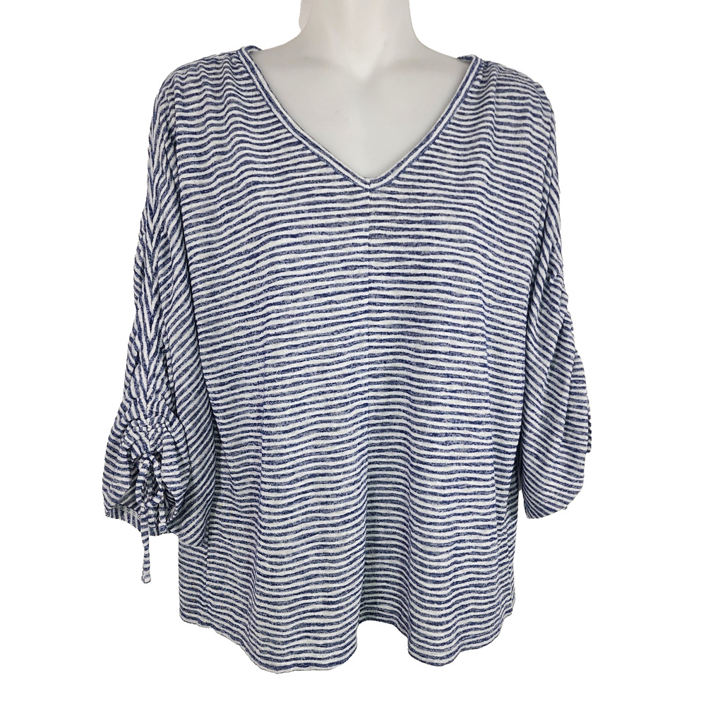 Chico's Womens Top 3/4 Ruched Tie Sleeve Knit Blue Stripe V Neck Pullover Medium